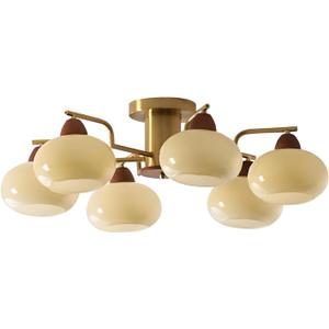 KCO Lighting Retro Antique Brass Flush Mount Ceiling Light Mid Century Modern 6 Light Gold Chandelier Glass Globe Sputnik Chandelier for Living Room Dining Room