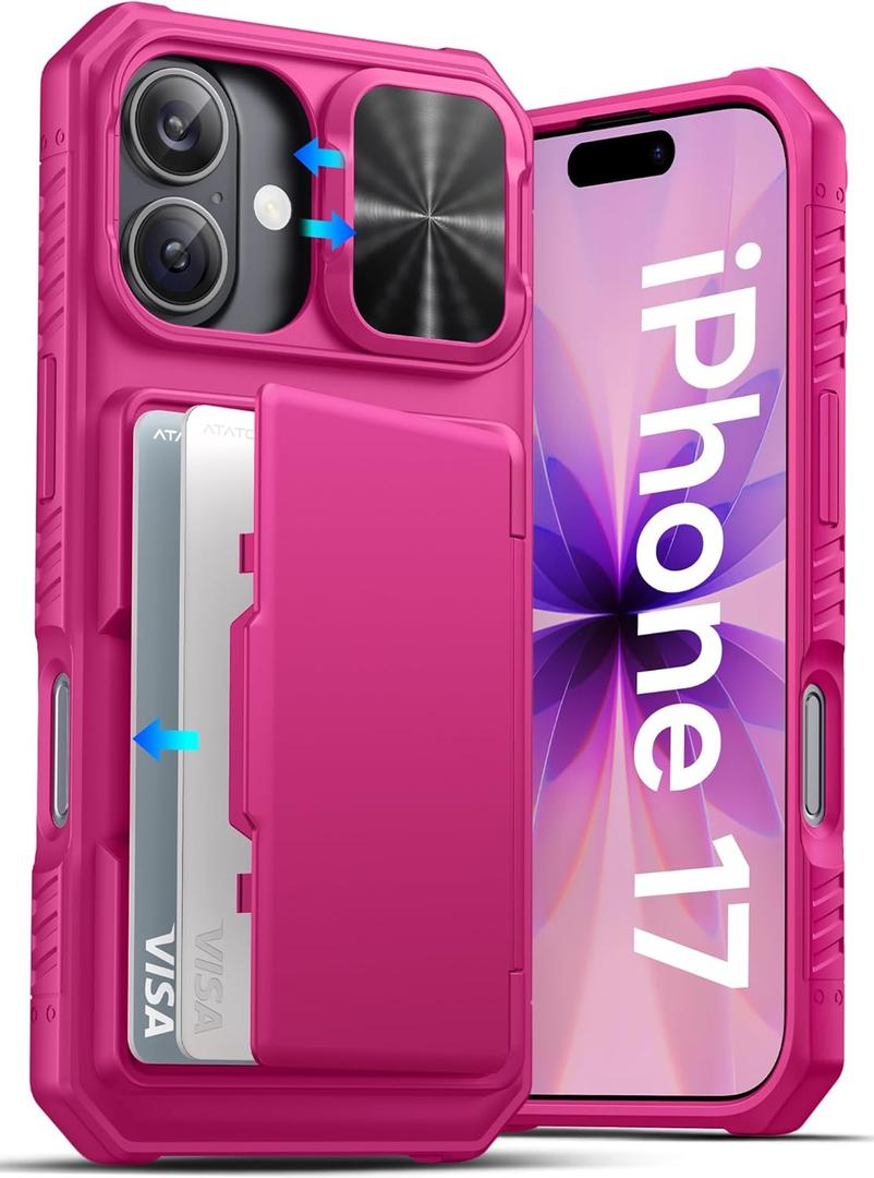 ATATOO for iPhone 17 Wallet Case with Card Holder (3-5 Cards) & [RFID Blocking] & Sliding Camera Cover, Military Grade Drop Protection, Women Men Cute Cover Case for iPhone 17 6.3" 2025, Hot Pink