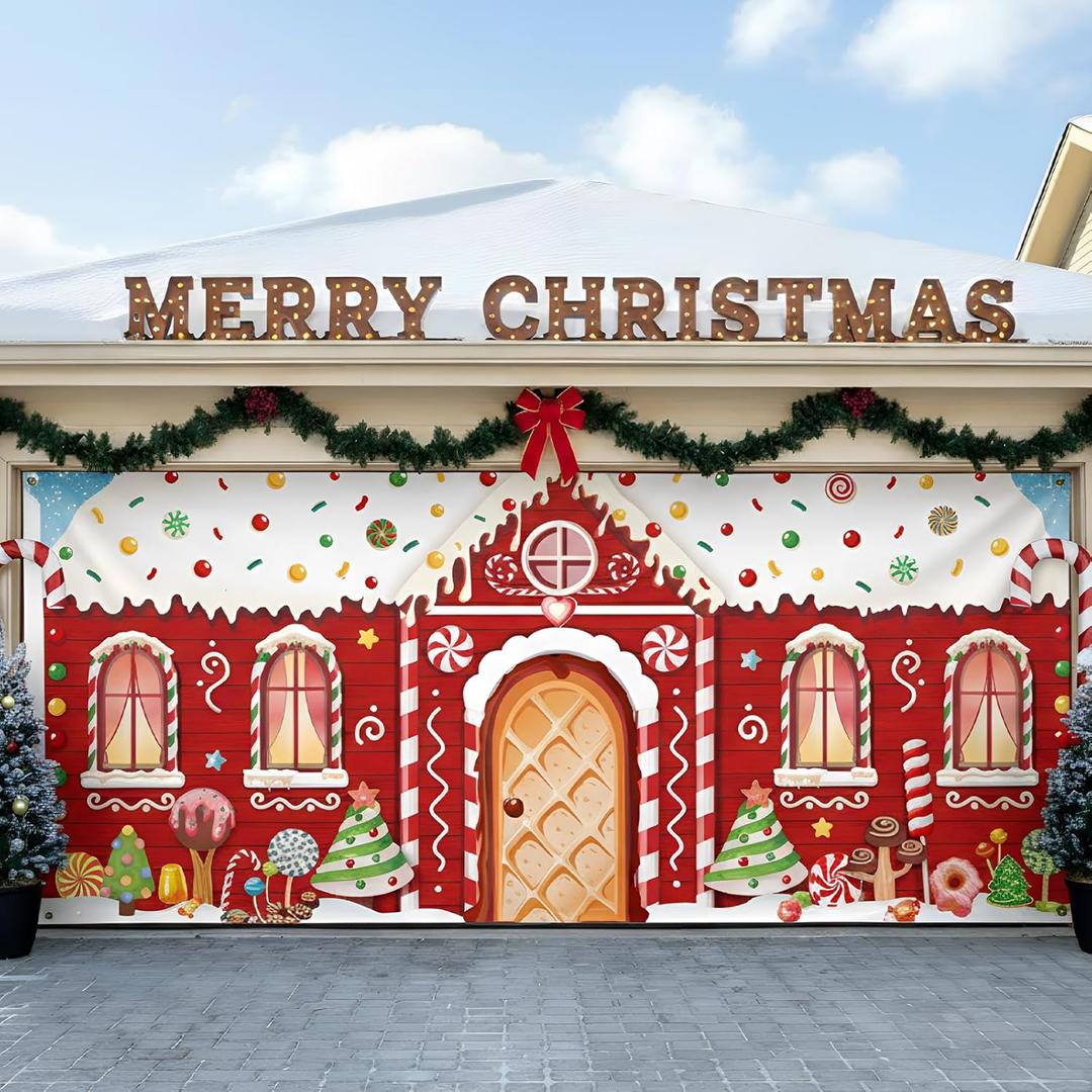 Christmas Garage Door Banner Decoration 16 x 7 ft Magnetic Garage Door Covers Large Christmas Backdrop Decorations for Outdoor Indoor Xmas Party (Candy House)