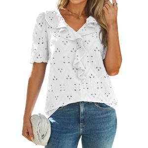 BerryGo Women's Cotton Eyelet Tops Blouse 2026 Casual Boho Embroidered Short Sleeve Fully Lined Summer Dressy Shirts(White L)