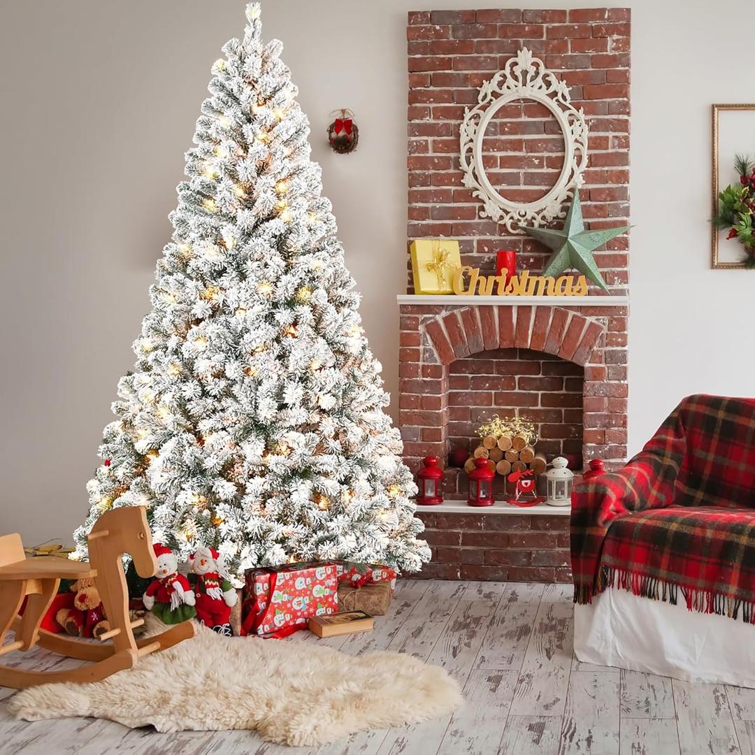5FT Pre-Lit Flocked Christmas Tree with 150 Warm White Lights, Full White Christmas Tree with Premium PVC Branches,Realistic Snowy Look, Indoor Fake Snow Xmas Tree for Home Office Shops