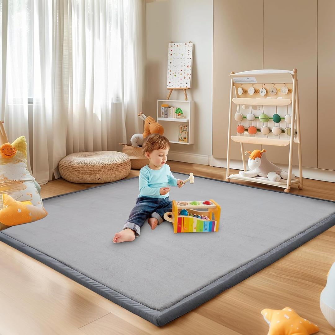 SUNYRISY Baby Play Mat for Floor, 1.4in Thick Memory Foam Padded Play Mats for Baby, Soft Velvet Infants Toddler Kids Play Mat Non-Slip Bottom, Crawling Baby Rugs for Nursery 60x70in (Grey)