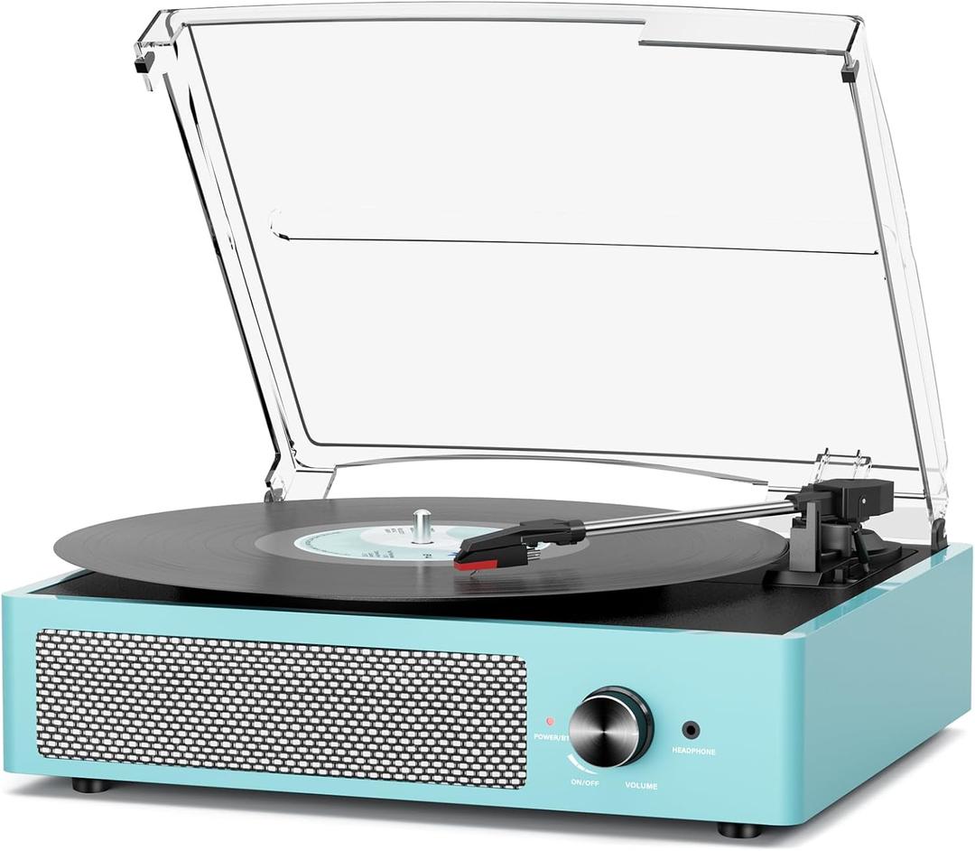 Vinyl Record Player with 2 Stereo Speakers Belt-Driven Vintage Turntables 3 Speed 3 Size Wireless Bluetooth Playback AUX-in RCA Out Headphone LP Vinyl Players Auto Stop Sky Blue