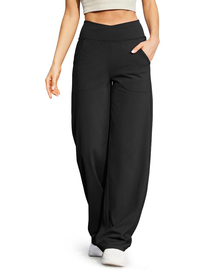 G4Free Wide Leg Dress Pants for Tall Women Flare Yoga Pants with Pockets Comfy Stretchy Lounge Casual Long Pants(Black,XXL,33")