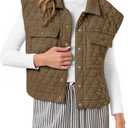Womens Puffer Vest Quilted Collared Sleeveless Jacket Button Down Outerwear with Pockets (Medium, Khaki)