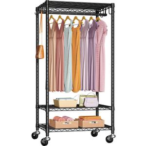 P6 Medium Rolling Clothes Rack Heavy Duty, Clothing Racks for Hanging Clothes, Freestanding Garment Rack with Wheels, Portable Closet Rack Max Load 370 LBS, 30''W x 14''D x 77.6''H, Black
