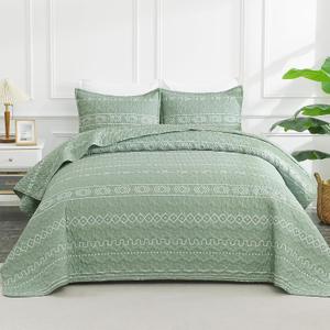Andency Sage Green Quilts Queen Size, 3 Pieces Queen Quilt Bedding Set Boho Lightweight Soft Striped Bedspread for All Season (90"x96"), Printed Bohemian Polyester Reversible Coverlet Comoforter Sets