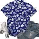 Women Hawaiian Shirt Soft Cool Summer Hawaii Tshirts Beach Tropic Print V Neck Button up Tops Floral Short Sleeve Tops (Blue, XXL)