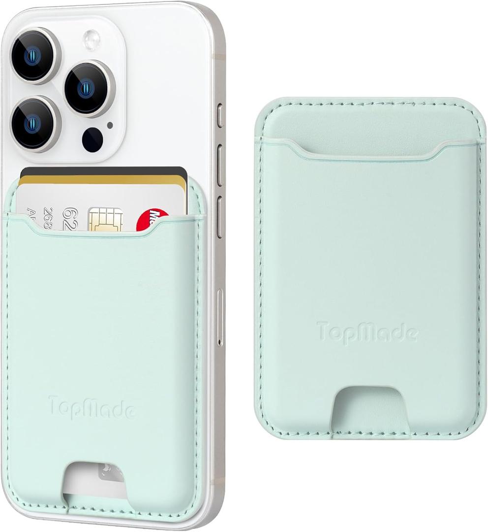 TopMade Phone Card Holder, Premium Leather Phone Wallet Stick on, Stronger 3M Adhesive Credit Card Holder for Back of Phone Case, iPhone, Samsung, and Android, RFID Blocking, Fit 4 Cards, Green