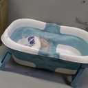 Collapsible Baby Bathtub for Newborn, Foldable Baby Bath Tub with Thermometer & Soft Floating Cushion & Drain Hole, Portable Travel Infant Bath Tubs for Newborns to Toddler 0-36 Months Girl, Blue