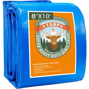 Tarps Heavy Duty Waterproof 8x10, Blue Tarp, Waterproof Plastic Poly 16 Mil Thick Tarpaulin with Metal Grommets Every 19.5 Inches - Emergency Rain Shelter, Outdoor Cover, and Camping Use, Blue