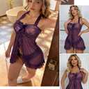 Avidlove Women Lingerie Sexy Open Front Lace Babydoll Dress with Thong Halter Mesh Nightgown XL