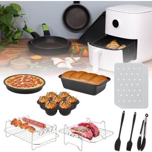 Dual Basket Air Fryer Accessories 9Pcs, Fit for Ninja Dual Air Fryer DZ201, DZ401, DZ550 & Most 8QT - 10QT and Larger Dual Zone Air Fryer, Include Cake Pizza Pan, Racks & Skewer, Paper Liner, etc