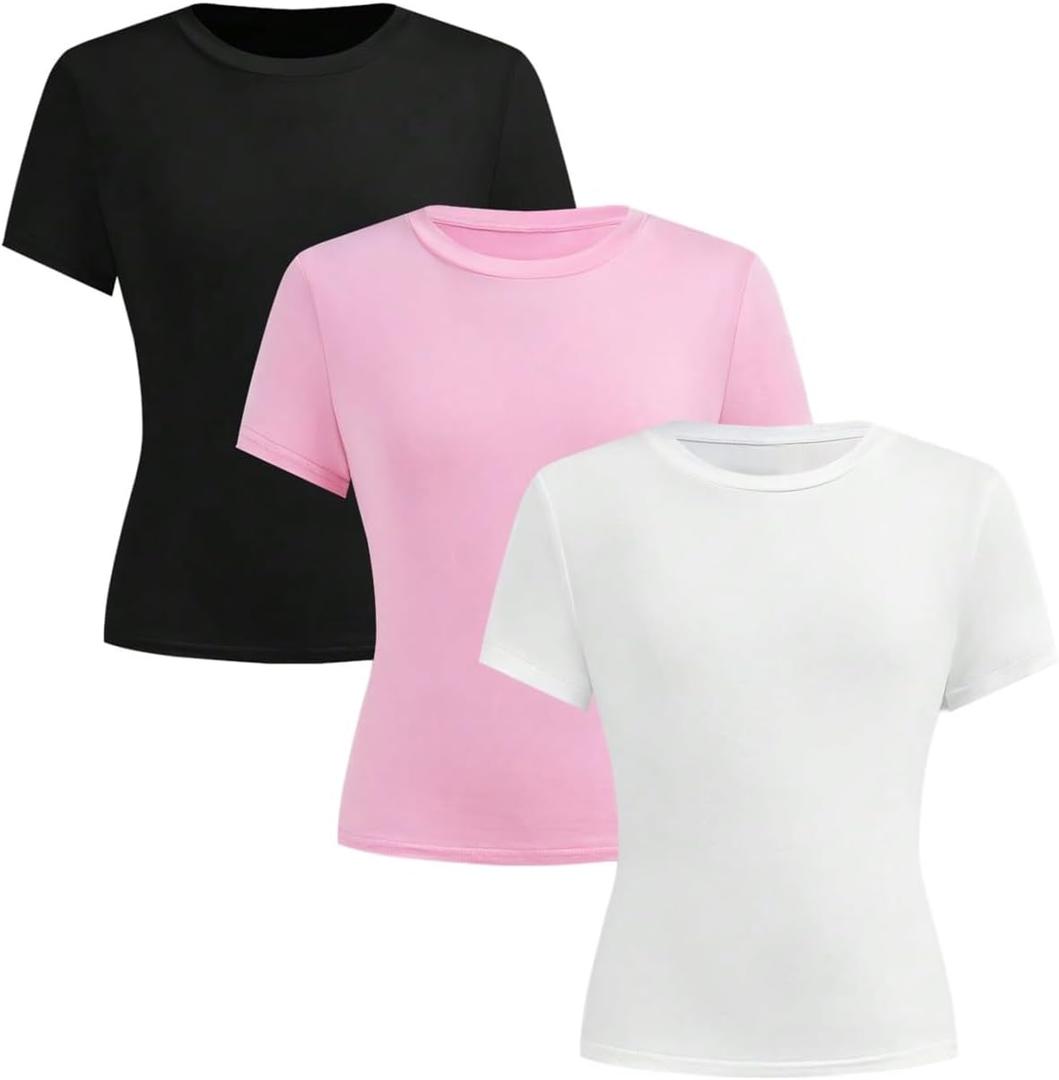COZYEASE Girl's 3 Pack Summer Basic Tight Shirts Short Sleeve Crew Neck Casual Fitted Tee Tops, Black White Pink Size 11Y