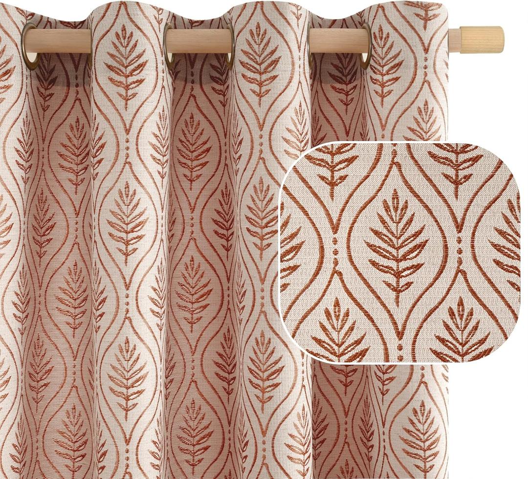 BGment Terracotta Linen Curtains for Living Room, French Country Leaf Jacquard Botanical Pattern Cottage Core Boho Vintage Grommet Light Filtering Semi Sheer Linen Curtains, 2 Panels, 52 x 84 Inch