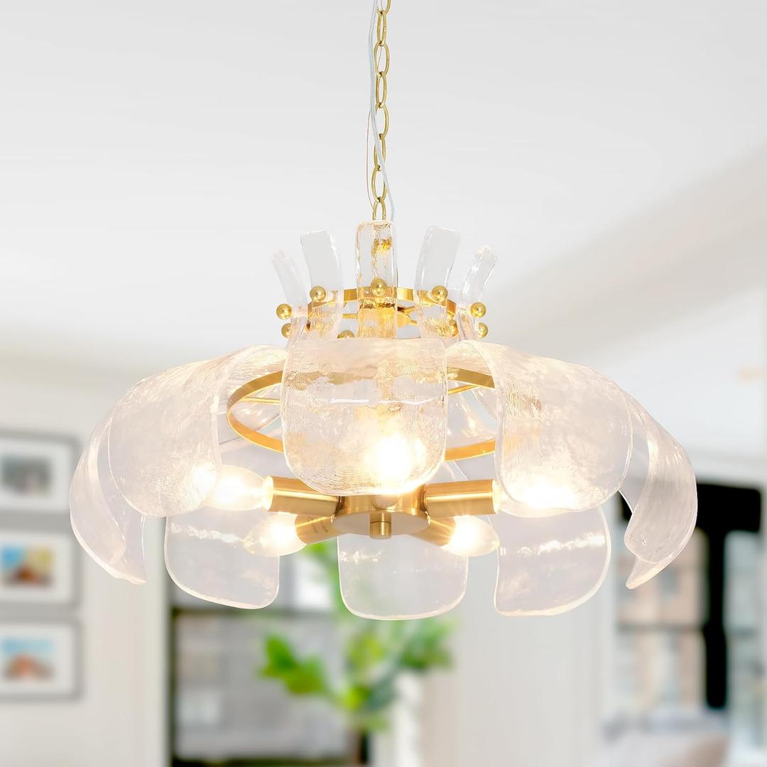 Modern Hammered Glass Chandelier, 18" Luxury Hand-Blown Glass Pendant Brass Gold Hanging Lighting Fixture for Kitchen Island Dining Living Room Entryway, E12 Base (Gold & Clear Hammered Glass)