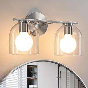 WOSHITU Modern Brushed Nickel 14.2 Inch Bathroom Vanity Light Fixtures: 2 Light Sconces with Clear Glass Shade for Above Mirror, Wall Mount