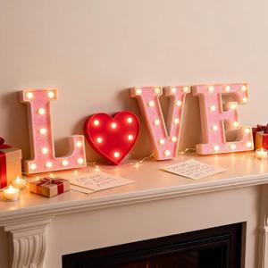 LOVE Marquee Lights Valentine's Day LED Light Up Letters Glitter Heart Pink LOVE Letter Lights, Marquee Signs Tabletop Decor for Fireplace, Bedroom, Wedding, Anniversary