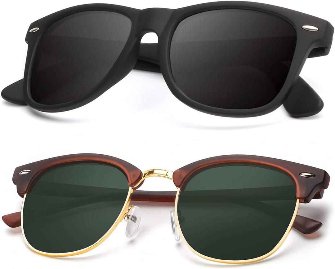 KALIYADI Polarized Sunglasses for Men and Women Semi-Rimless Frame Driving Sun glasses UV Blocking (B09-(2 Pack) Matte Brown | G15 | Golden Rim / Matte Black)