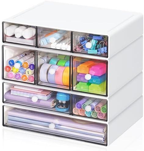 FODIENS Desk Storage Organizer with 9 Drawers, 4 Tiers Stackable Desktop Craft Storage Drawers, Clear Storage Box Caddy for Stationary Makeup Jewelry Office Craft Supplies (White)