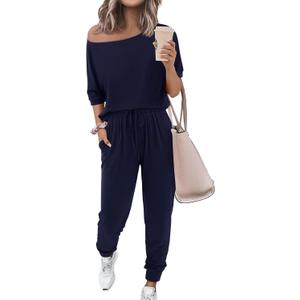 Zenlonr Women Summer 2 Piece Outfits 2025 Off Shoulder Short Sleeve Tops Elastic Waist Drawstring Long Pants Tracksuit (2XL, Navy)