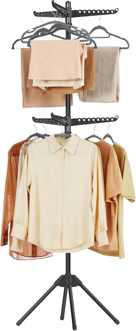 SONGMICS 2-Tier Clothes Drying Rack, 75.2-Inch Folding Laundry Drying Rack with 6 Rotatable Arms for Hangers, Stainless Steel, for 54 Pieces of Clothes, Black ULLR514B01