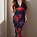 Women Sexy Backless Satin Maxi Dresses Spaghetti Strap Floral Print Dresses Slim Fit Elegant Night Party Outfits (Blue)