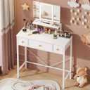 Small Makeup Vanity Desk 27.5''W with Mirror and Lights, Vanity Desk with 3 Fabric Drawers and Height-Adjustable Stand, Vanity Table for Girls Gifts, Bedroom and Small Spaces, White