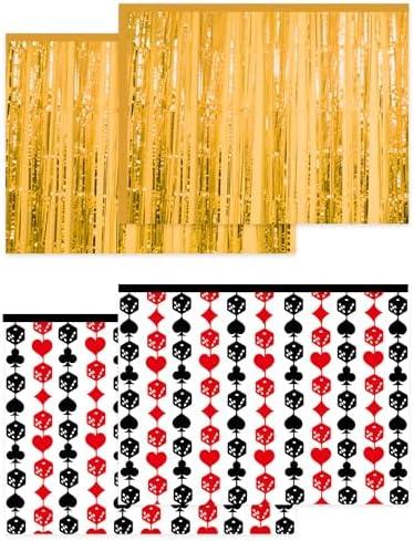 3 Pcs Casino Theme Party Decorations - Poker Night Backdrop, Black and Red Fringe Curtains Gold Metallic Tinsel Streamers, Vegas Birthday Photo Booth, Card Game Bachelorette Supplies