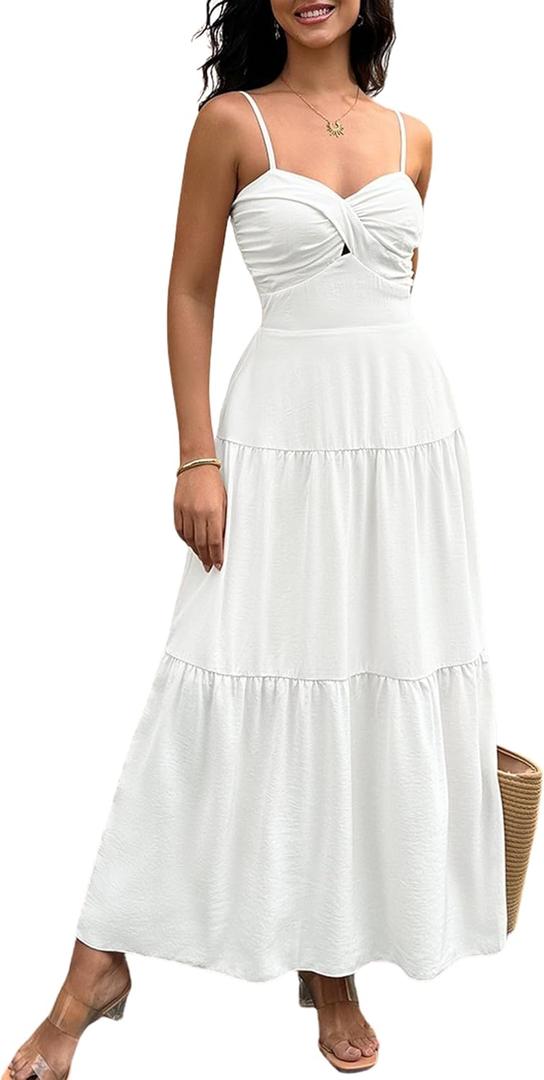 ECOWISH Women's Summer Strapless Maxi Dress 2025 Off Shoulder Hollow Out Smocked A Line Tube Tiered Long Dresses (3447 White) L