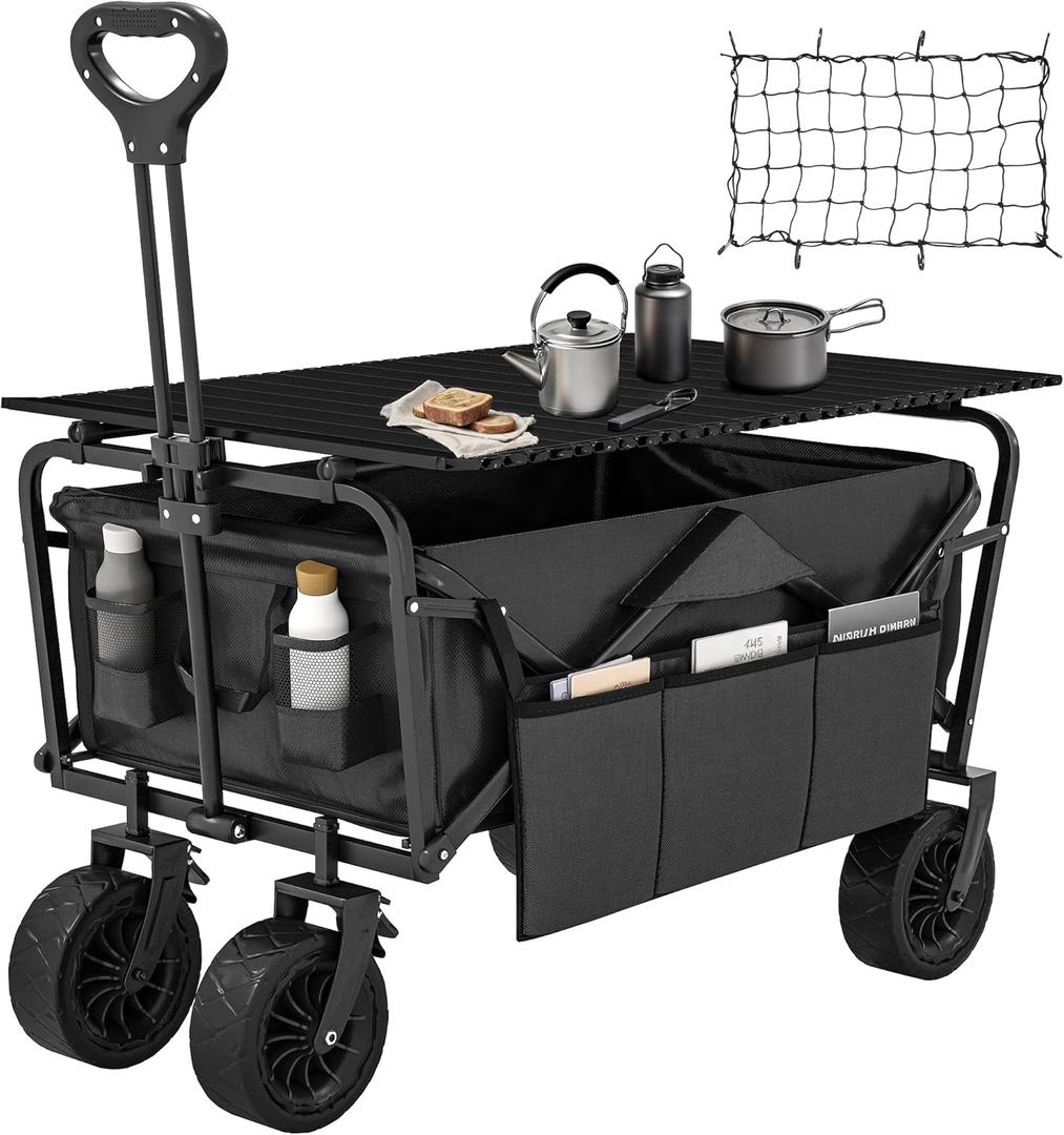 DWVO Collapsible Wagon Cart with Table Plate, Large Capacity Folding Utility Wagon, Adjustable Handle Height Foldable Utility Garden Cart, Outdoor Beach Wagon for Camping, Shopping, Sports, Black