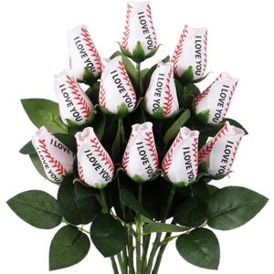 Suhine 12 Pcs Artificial Baseball Rose Flower Gifts for Mom Coach Boyfriend Girlfriend Sports Party Favors Bulk for Birthday Graduation Wedding Party Decorations Table Centerpieces(Love Color, Normal)
