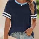 SHEWIN Women's Fashion Casual Crewneck Color Block T Shirts Short Sleeve Summer Tops Tees Slim Fit (Black, L)