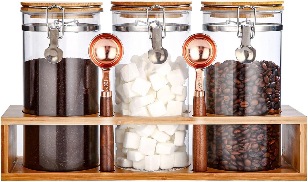 3 x Glass Coffee Storage Container with Bamboo Shelf, 3PCS 49oz Airtight Sealed Coffee Bean Jar with Clamp Lid & Measuring Spoon, Kitchen Pantry Canister Set for Ground Coffee Sugar Tea Flour