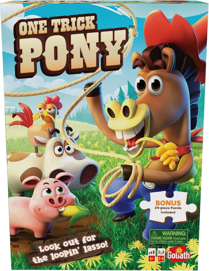 Goliath One Trick Pony Game w/ 24pc Puzzle - Round Up Animals Before Cowboy's Spinning Lasso Ropes You in - Includes 24-Piece Puzzle