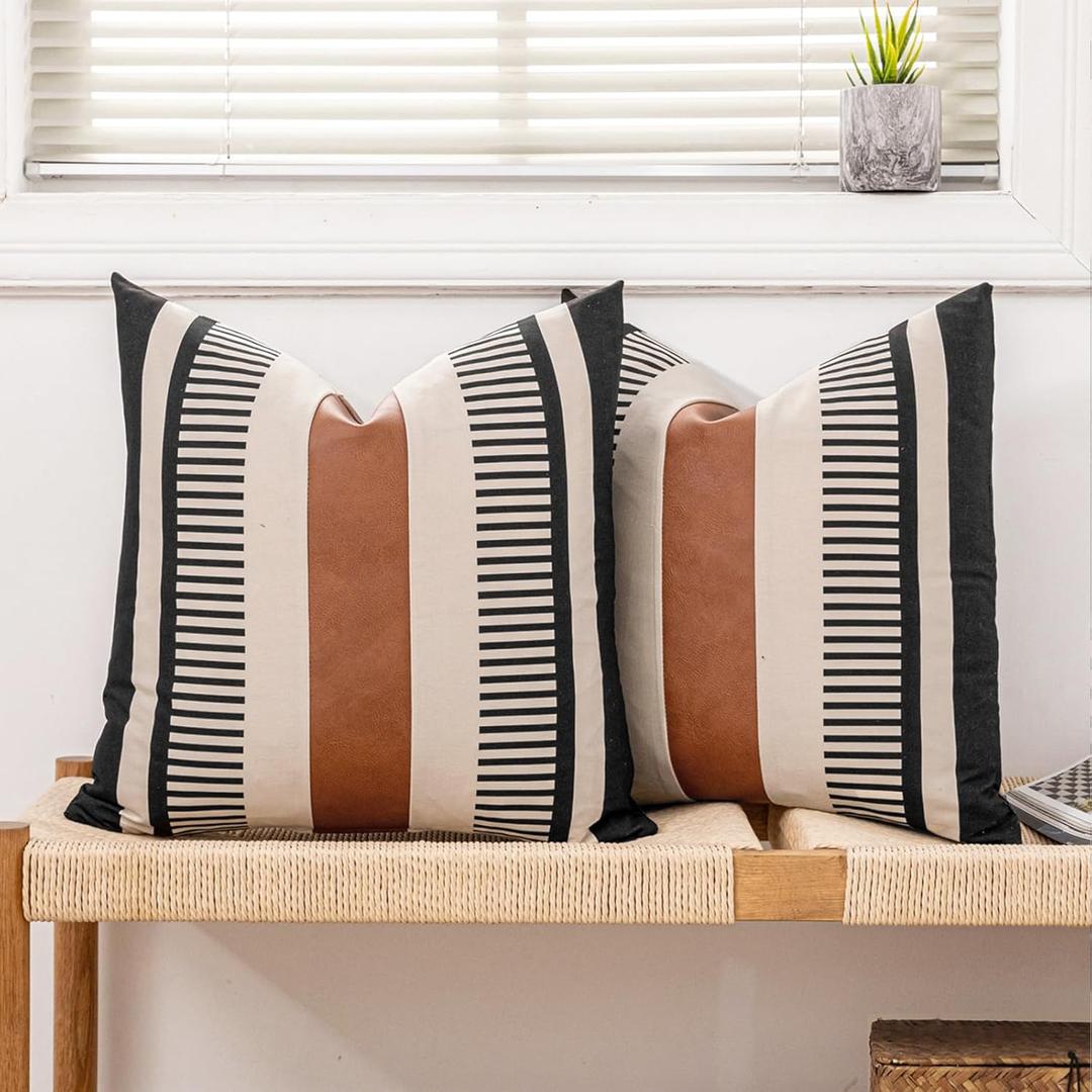 Farmhouse Stripe Pillow Cover 20x20 Boho Accent Cushion Case Faux Leather Decorative Pillowcase,Black and Beige (Cover ONLY, Pack of 2)