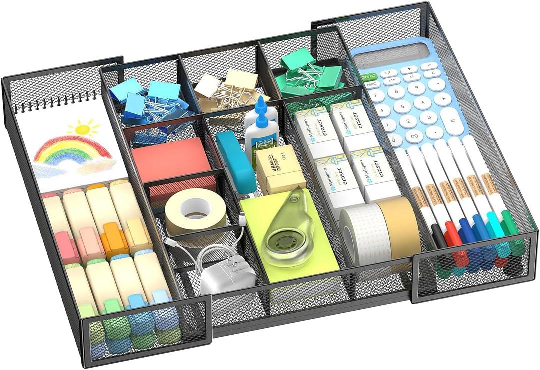Expandable Desk Drawer Organizer Tray with 10 Adjustable Compartments, Metal Mesh Office Drawer Organizer, Versatile Desk Organizer for Home, School Supplies, Makeup Vanity & Jewelry (Black)