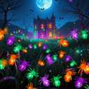 LORRYTE 6Pack 36LED Purple, Orange and Green Spider Solar Halloween Lights Outdoor, Solar Swaying Firefly Lights with Spider, Waterproof for Yard, Garden, Pathway, Halloween Decorations