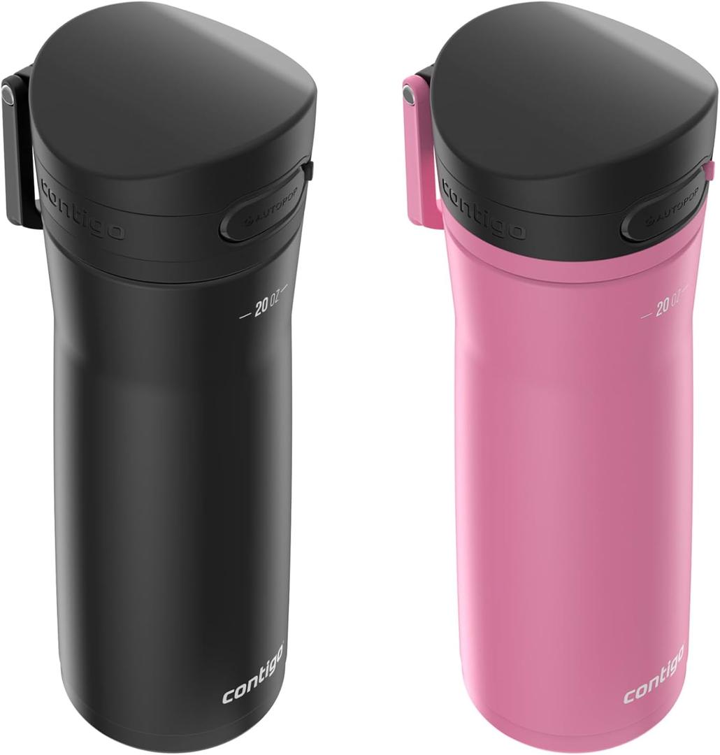 Contigo Jackson Chill 2.0 Water Bottle with Autopop Lid, 20oz, 2-Pack, Pink and Black (Pansy; Licorice)