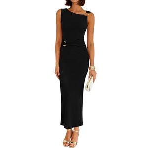 ZESICA Women's 2026 Summer Maxi Dress Sleeveless Ruched Elegant Wedding Guest Cocktail Formal Bodycon Long Dresses Black Large