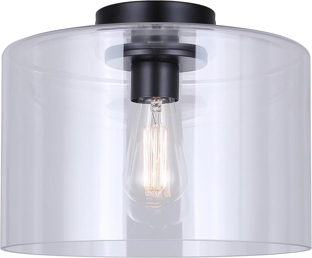 Canarm Sklo 1 Light Minimalist Flush Mount with Matte Black Finish and Clear Glass Shade, Modern Light Fixture for Bedrooms, Living Areas, and Hallways