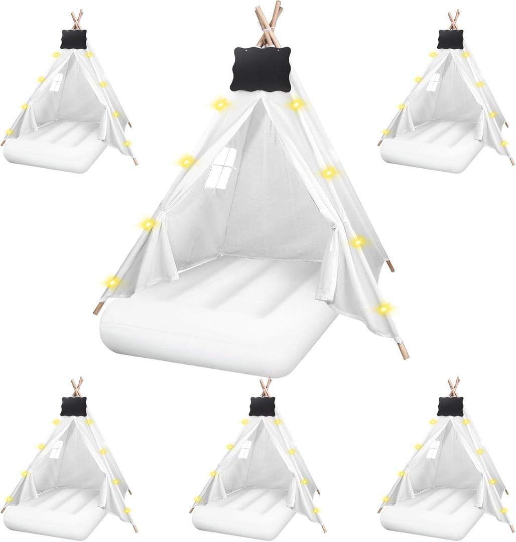 6 Pcs Kids Teepee Tent Bulk with Light String Inflatable Airbed Bedding Fitted Sheet and Markeable Small Blackboards for Boys Girls Indoor Outdoor Slumber Party (White)