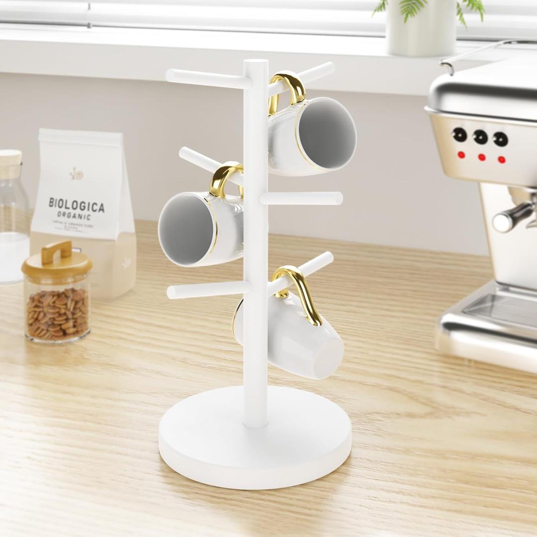 Wisuce White Coffee Mug Tree, Updated Thick Bamboo Mug Holder Base,Coffee Cup Stand Mug Holders with 6 Hooks for Countertop Organizer Stand