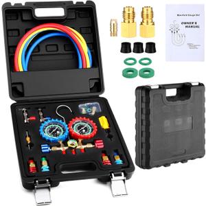 HVAC Manifold Gauge Set for R1234yf R134a R410a Refrigerant Automotive 3 Way Ac Gauge Set with Hose Kit Quick Coupler Adapter for Air Conditioner Split System Car Charging and Evacuation