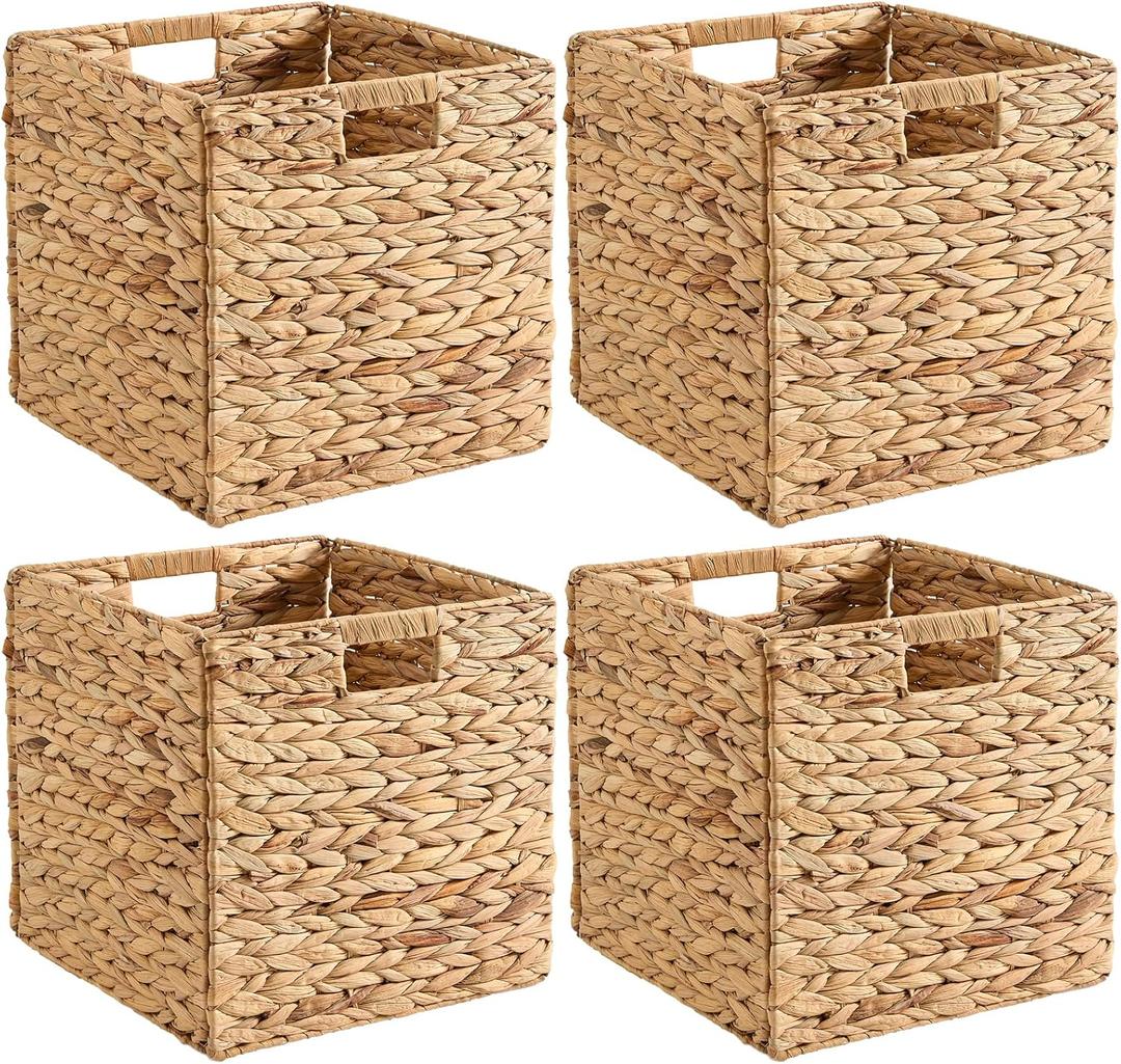 Handwoven Water Hyacinth Storage Baskets set of 4 Foldable Cube Bins Storage Oragnizer for Cabinet Shelf Bedroom Living Room (Natural, 13" L x 13" W x 13" H)
