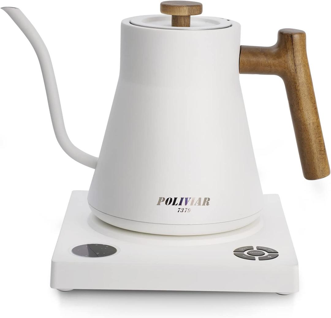 POLIVIAR Electric Gooseneck Kettle, 1200W Electric Tea Kettle Real Wood Handle, 34oz Pour Over Electric Kettle for Coffee & Tea, 18/8 Stainless Steel Inner, Temperature Control & Rapid Heating (White)