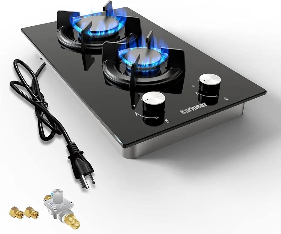 Karinear Gas Cooktop 2 Burner Propane Cooktop, 12 Inch LPG/NG Dual Fuel Gas Stove Top, Built-in Tempered Glass Gas Cooktop for Apartment, Indoor, RV