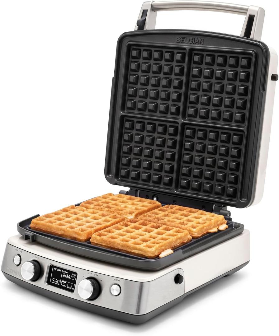 GreenPan Elite 4-Square Waffle Maker, Ceramic Nonstick Plates, Cream White