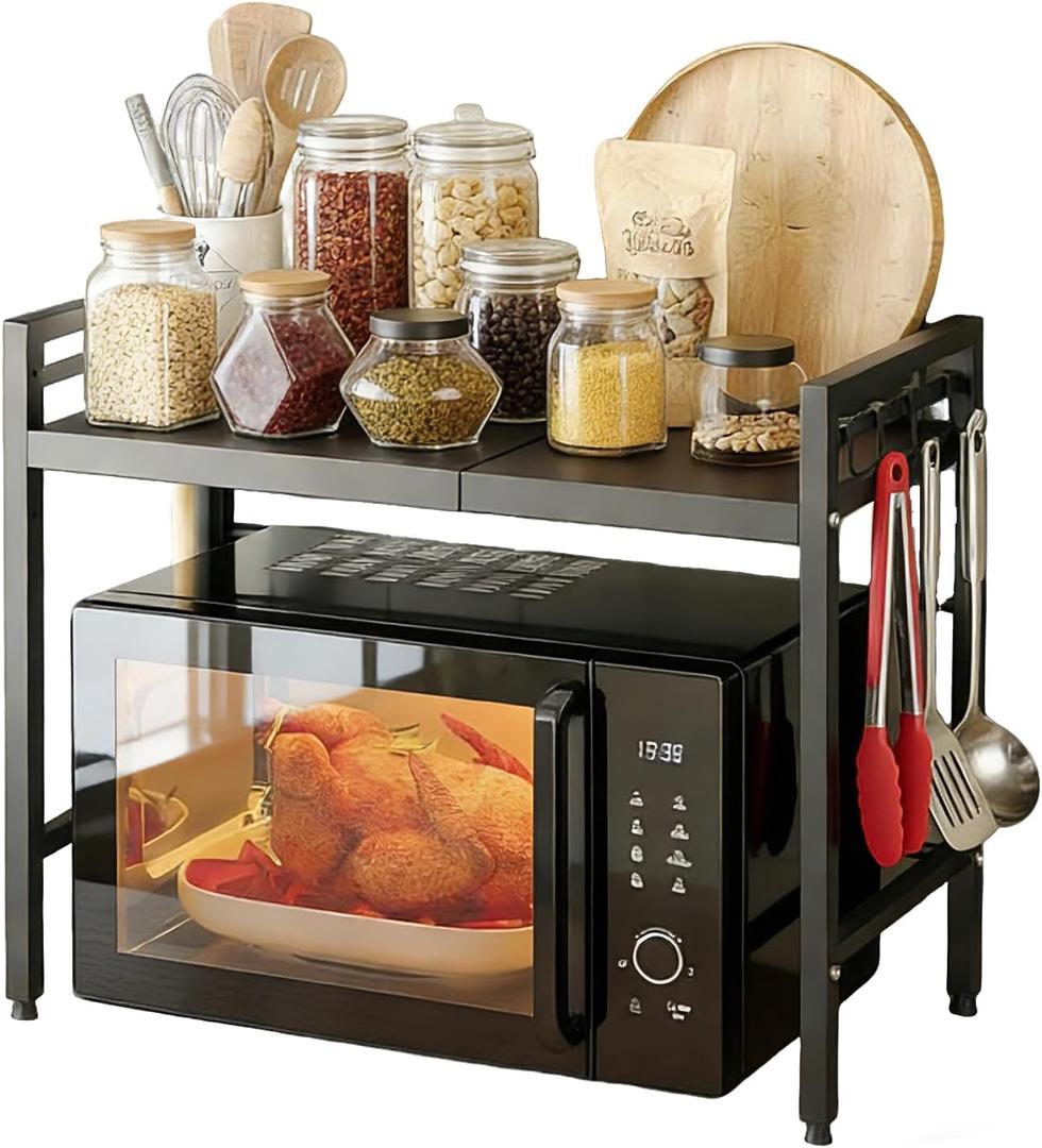 Expandable Microwave Stand 2 Tier Metal Kitchen Counter Organizer for Microwave with 6 Hooks Bakers Rack Microwave Shelf Microwave Oven Rack 55lbs Weight Capacity, 25 inch