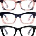 Hubeye 3 Pack Oprah Style Reading Glasses for Women Men Blue Light Blocking Computer Square Readers with Spring Hinge and Glasses pouch 1.00 (Black/Blackpink/Pink Leopard)